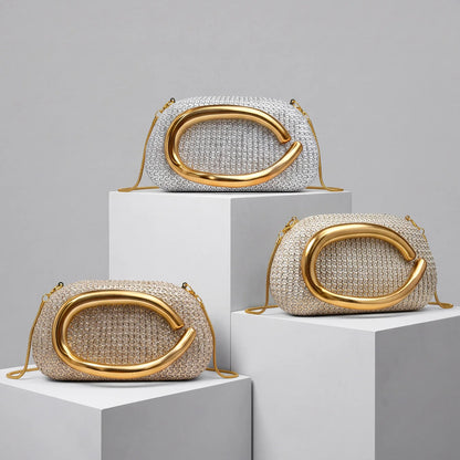 Crystal Evening Bag – Women's Sparkling Diamond Clutch with Gold Chain Shoulder Strap