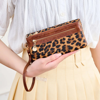 Leopard Print Women's Long Wallet – Double Zipper Clutch