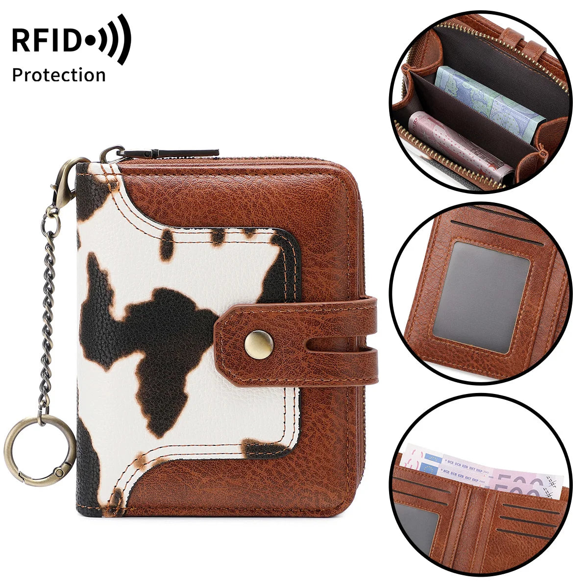 RFID Retro Animal Print Short Wallet for Women – Zipper Coin Purse with Key Chain