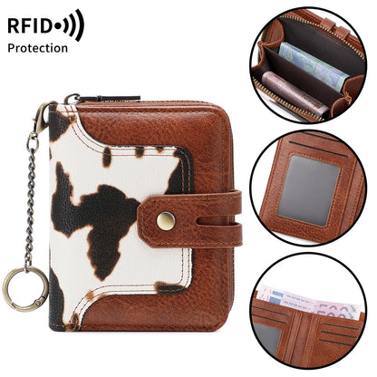 RFID Retro Animal Print Short Wallet for Women – Zipper Coin Purse with Key Chain