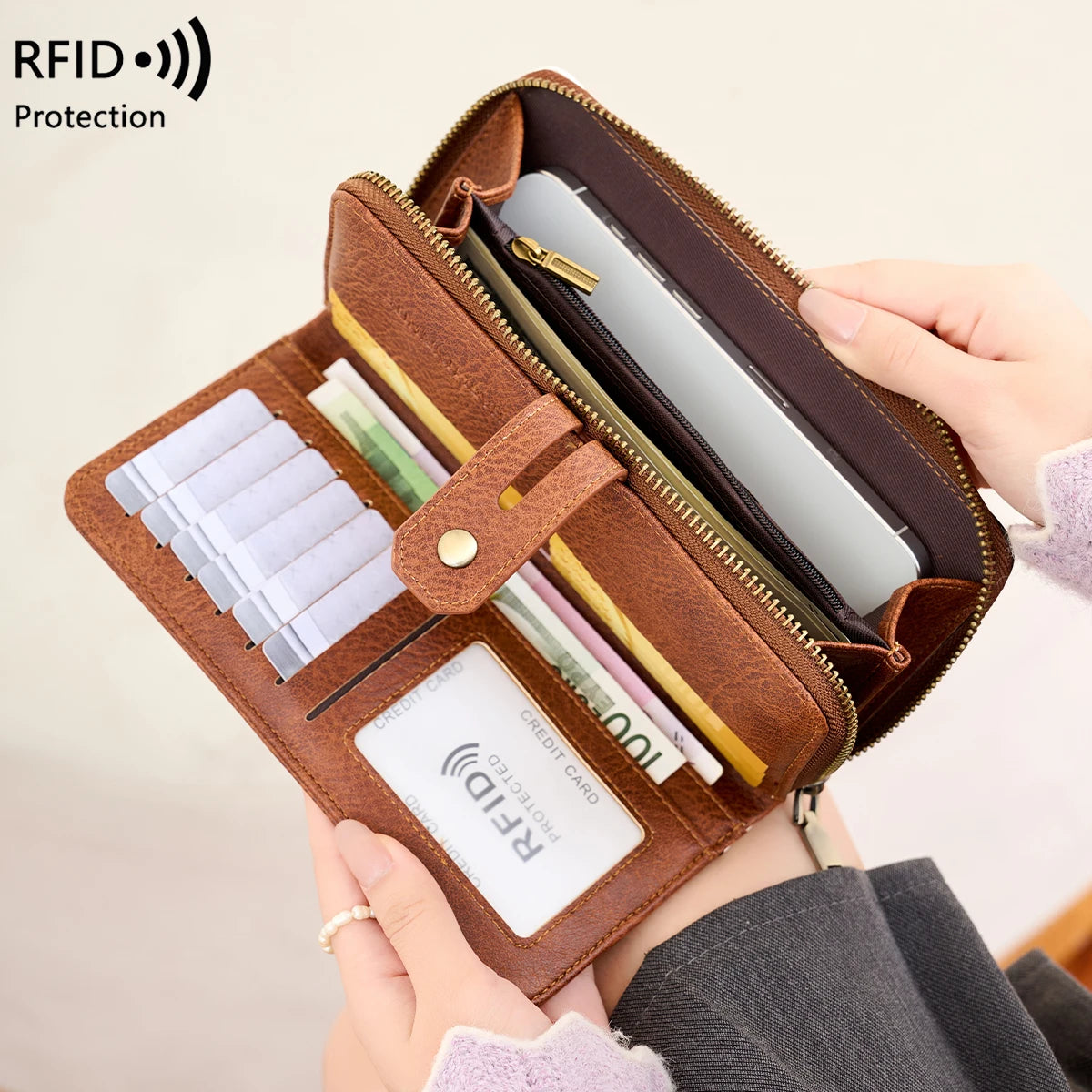 RFID Blocking Women's Long Wallet – Retro Leather Bi-Fold Clutch with Double Zipper & Wrist Strap