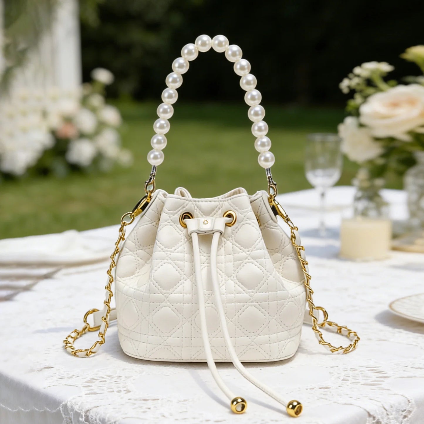 Pearl Handle Quilted Bucket Bag – Mini Crossbody Handbag for Women