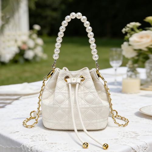 Pearl Handle Quilted Bucket Bag – Mini Crossbody Handbag for Women