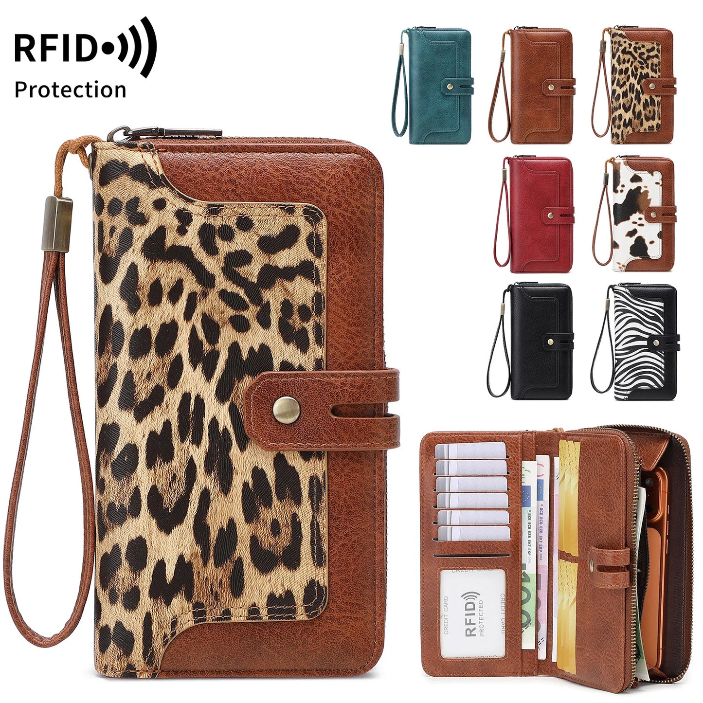 RFID Blocking Clutch Bag – Large Capacity Multi-Card Slot Wallet with Animal Print