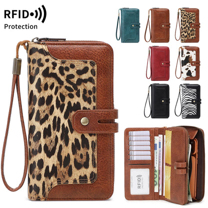 RFID Blocking Women's Long Wallet – Retro Leather Bi-Fold Clutch with Double Zipper & Wrist Strap