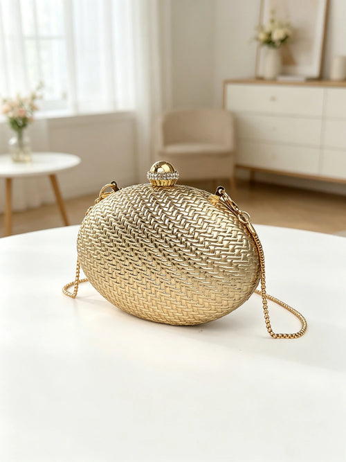 Luxury Woven Evening Clutch Bag with Crystal Clasp & Gold Chain