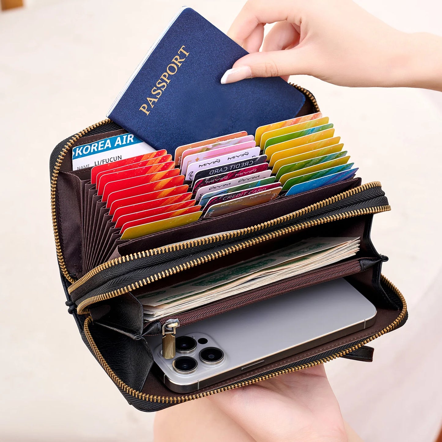 Women's Long Wallet – Double Zipper Accordion Card Holder Clutch with Wrist Strap