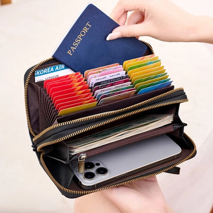 Women's Long Wallet – Double Zipper Accordion Card Holder Clutch with Wrist Strap