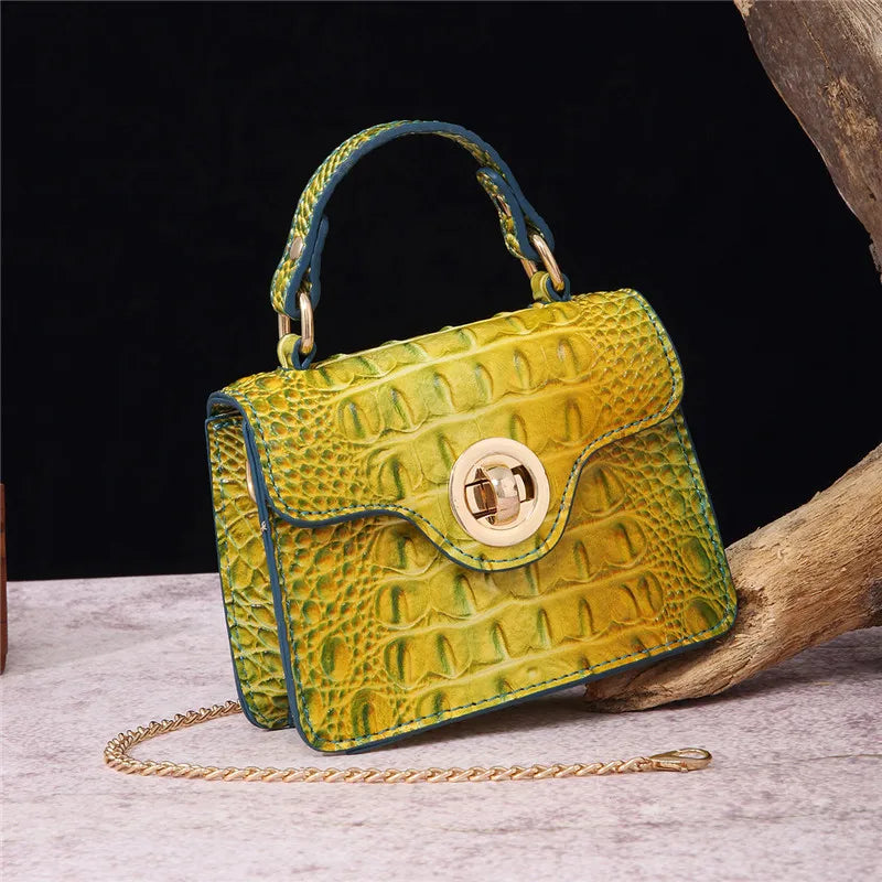 Crocodile Pattern Mini Handbag with Gold Chain Strap