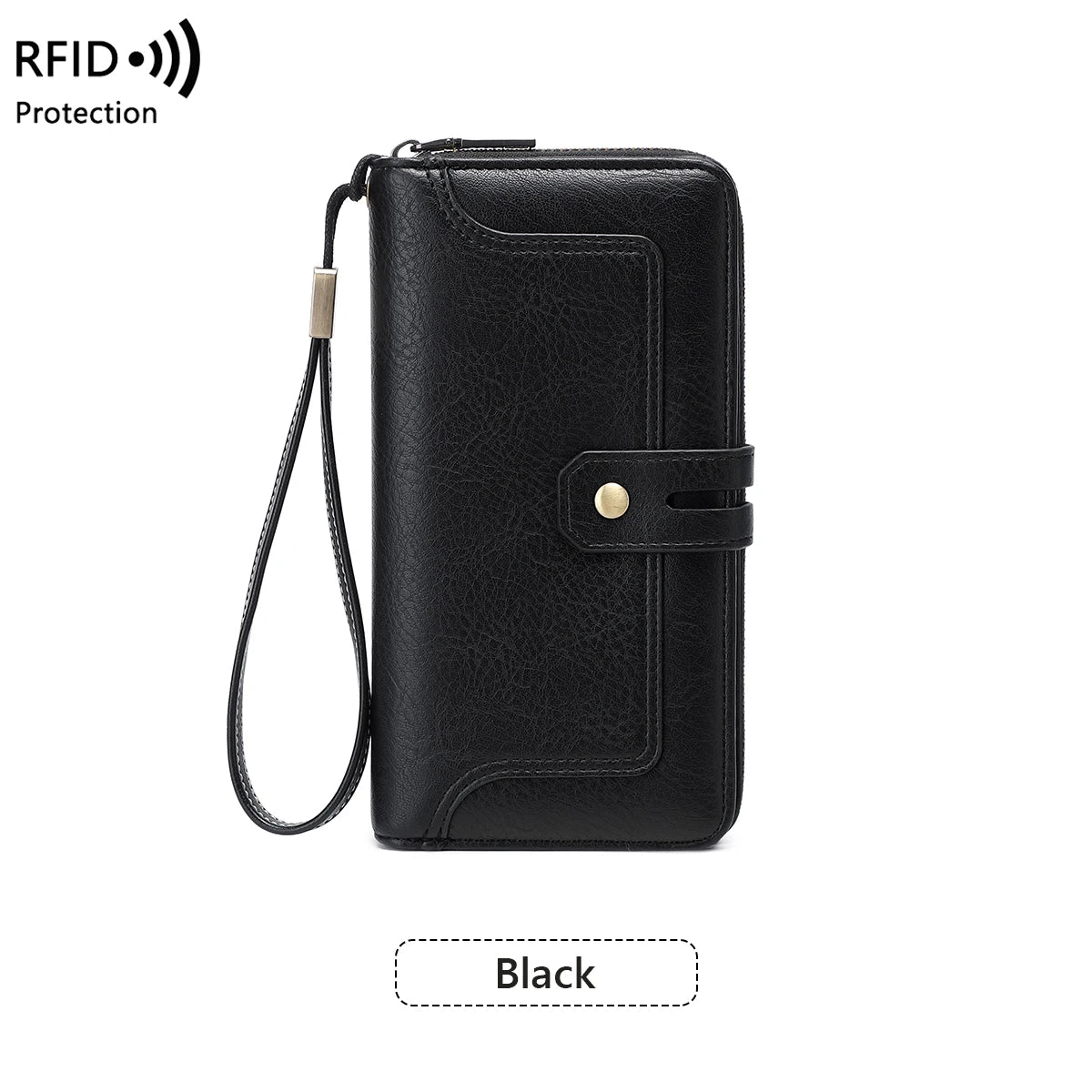 RFID Blocking Women's Long Wallet – Retro Leather Bi-Fold Clutch with Double Zipper & Wrist Strap