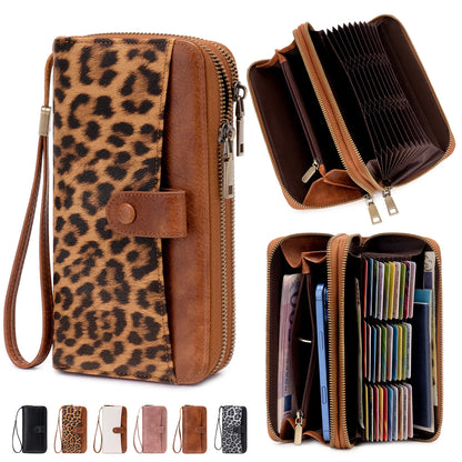 Women's Long Wallet – Double Zipper Accordion Card Holder Clutch with Wrist Strap