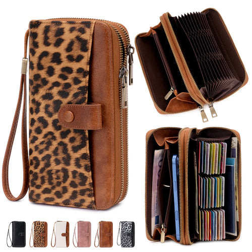 Women's Long Wallet – Double Zipper Accordion Card Holder Clutch with Wrist Strap