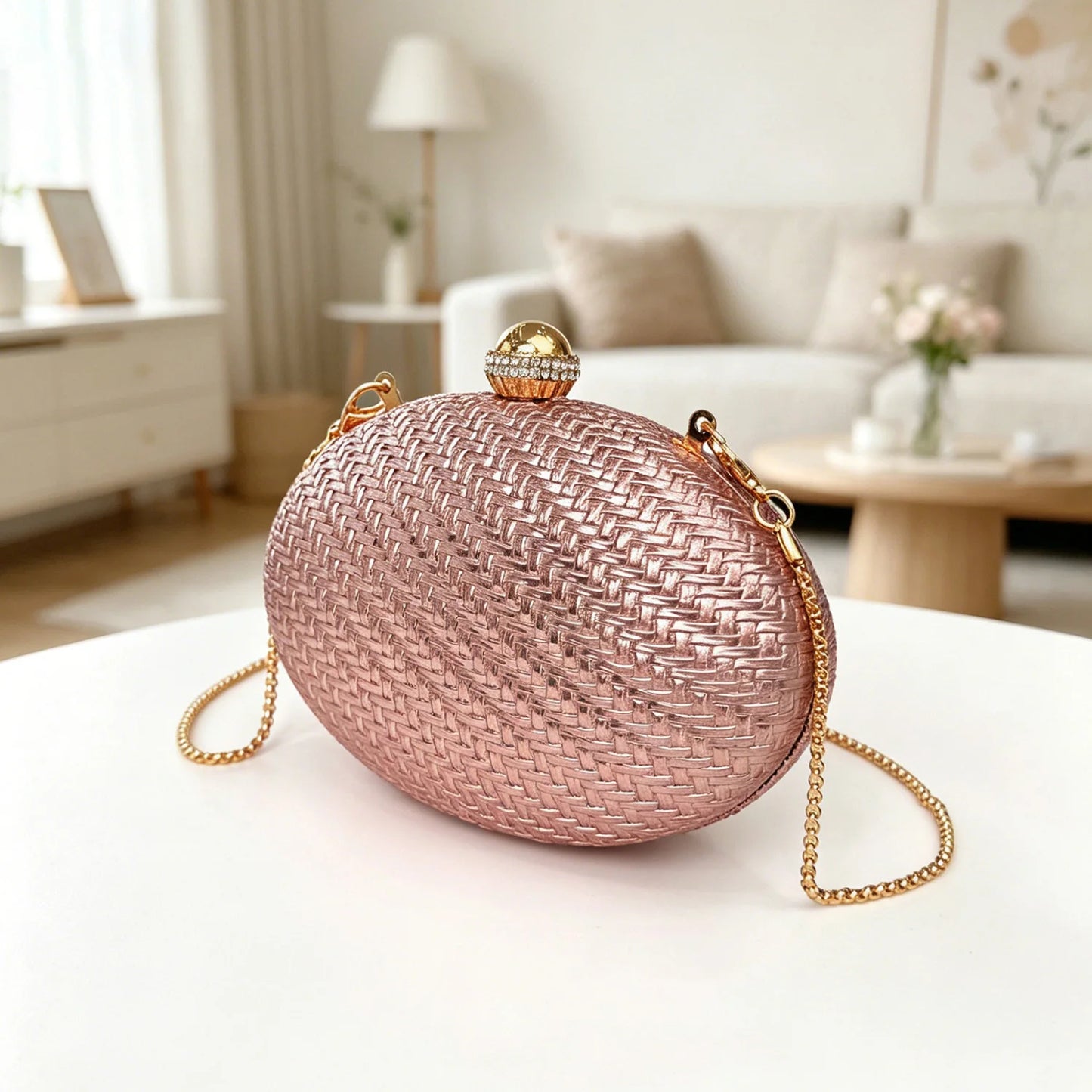 Luxury Woven Evening Clutch Bag with Crystal Clasp & Gold Chain
