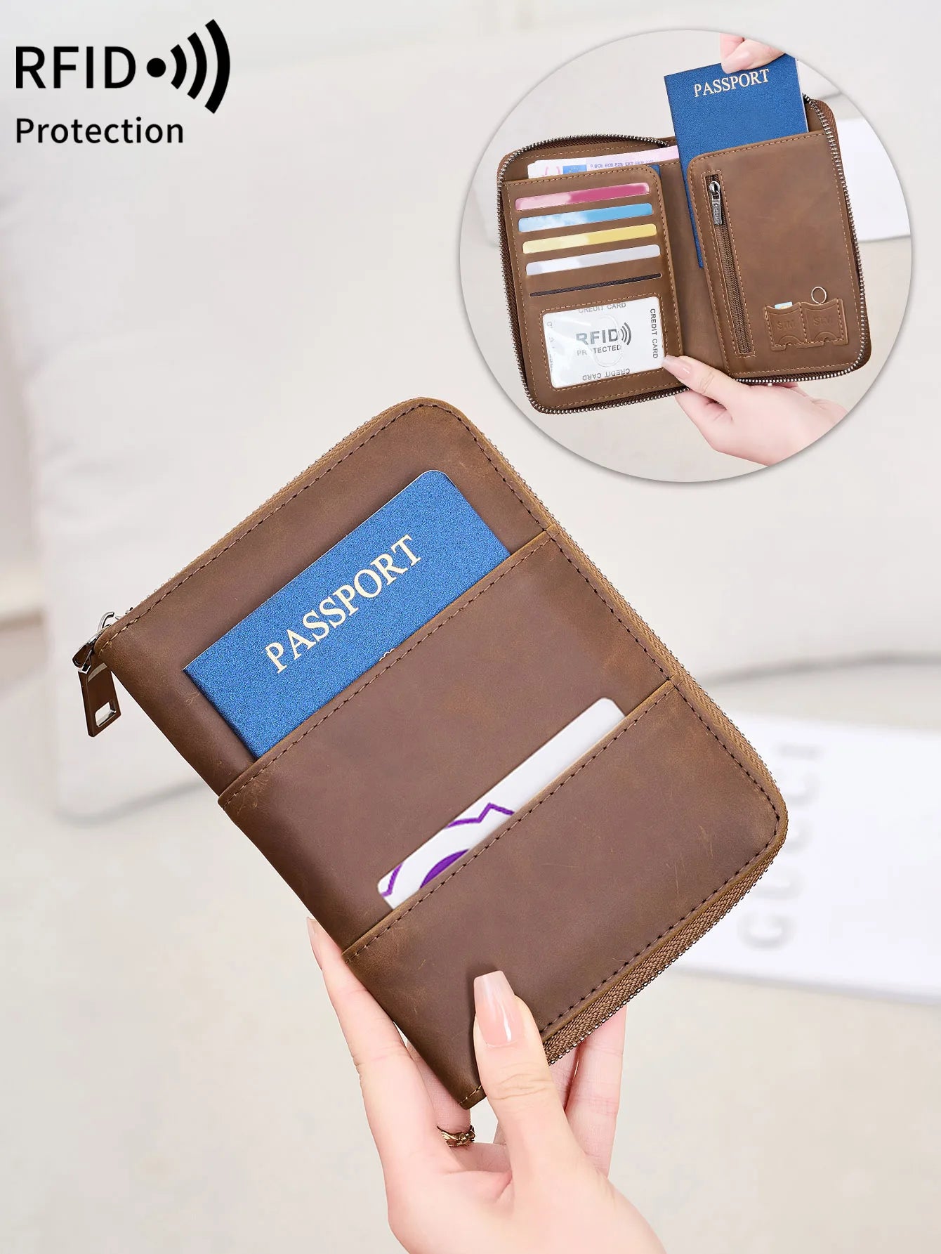 RFID Blocking Passport Wallet – Zipper Travel Document & Card Holder for Men & Women