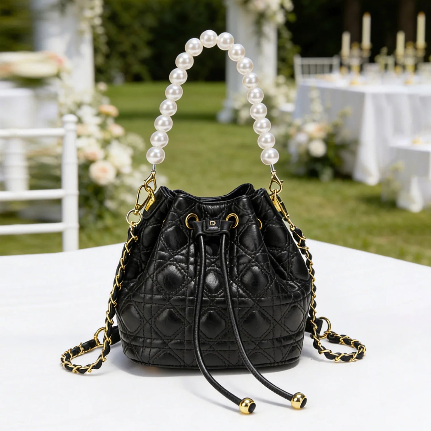 Pearl Handle Quilted Bucket Bag – Mini Crossbody Handbag for Women
