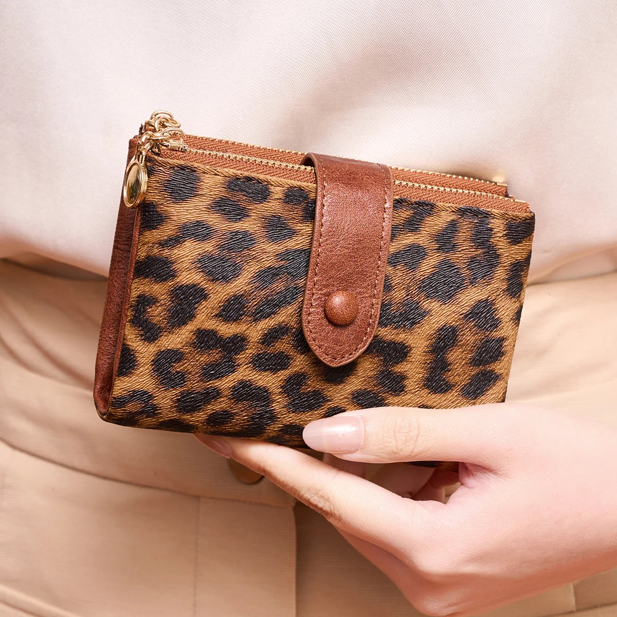 Leopard Print Women's Wallet – Triple Layer Card Holder & Double Zipper Coin Purse