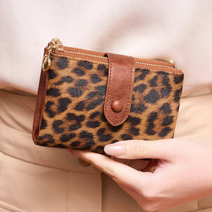 Leopard Print Women's Wallet – Triple Layer Card Holder & Double Zipper Coin Purse