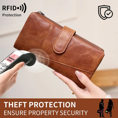 RFID Blocking Women's Long Wallet – Multi-Card Slot Double Zipper Clutch