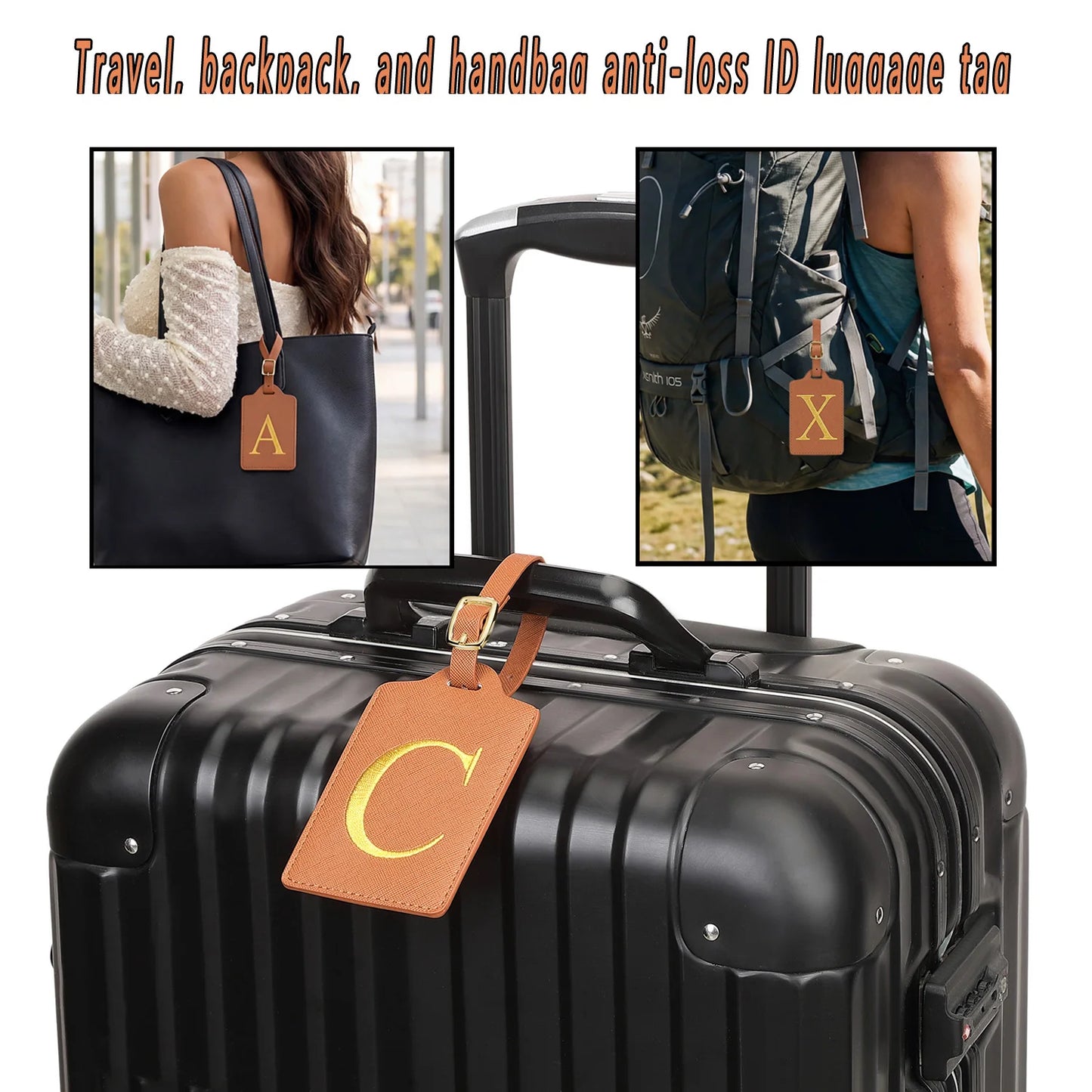 Personalized Initial Luggage Tag – Brown PU Leather Monogram Suitcase Label