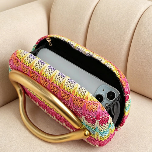 Woven Clutch Bag – Women's Colorful Evening Bag with Gold Metal Buckle
