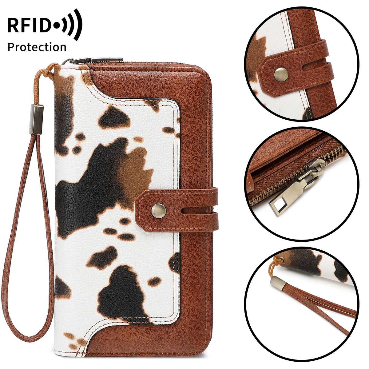 RFID Blocking Women's Long Wallet – Retro Leather Bi-Fold Clutch with Double Zipper & Wrist Strap