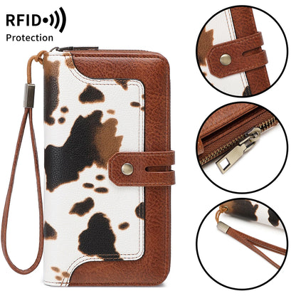RFID Blocking Women's Long Wallet – Retro Leather Bi-Fold Clutch with Double Zipper & Wrist Strap