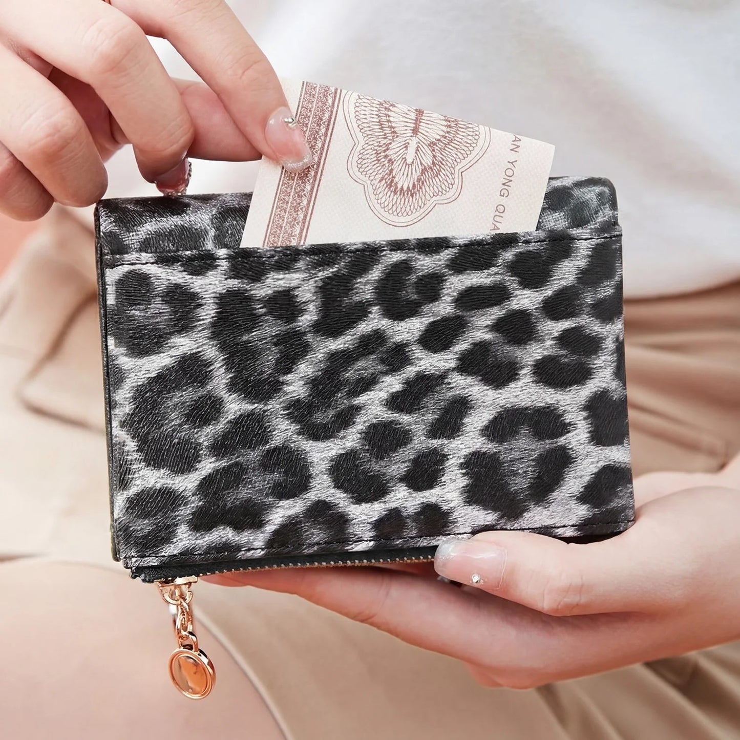 Leopard Print Women's Wallet – Triple Layer Card Holder & Double Zipper Coin Purse