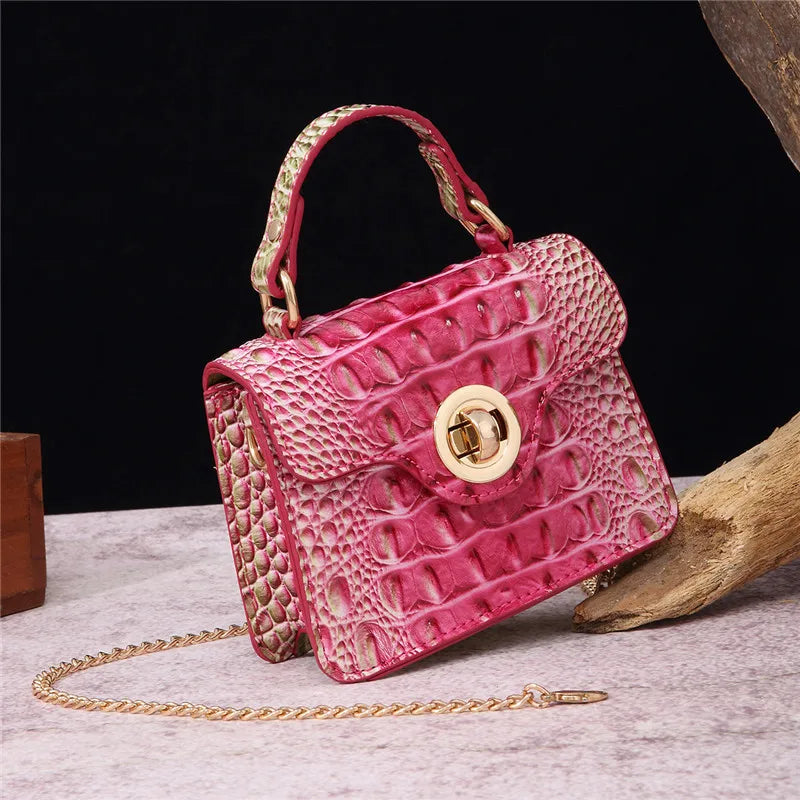Crocodile Pattern Mini Handbag with Gold Chain Strap