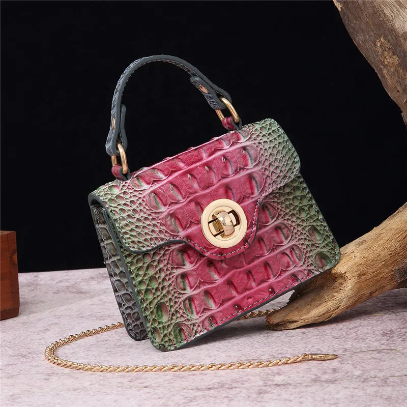 Crocodile Pattern Mini Handbag with Gold Chain Strap
