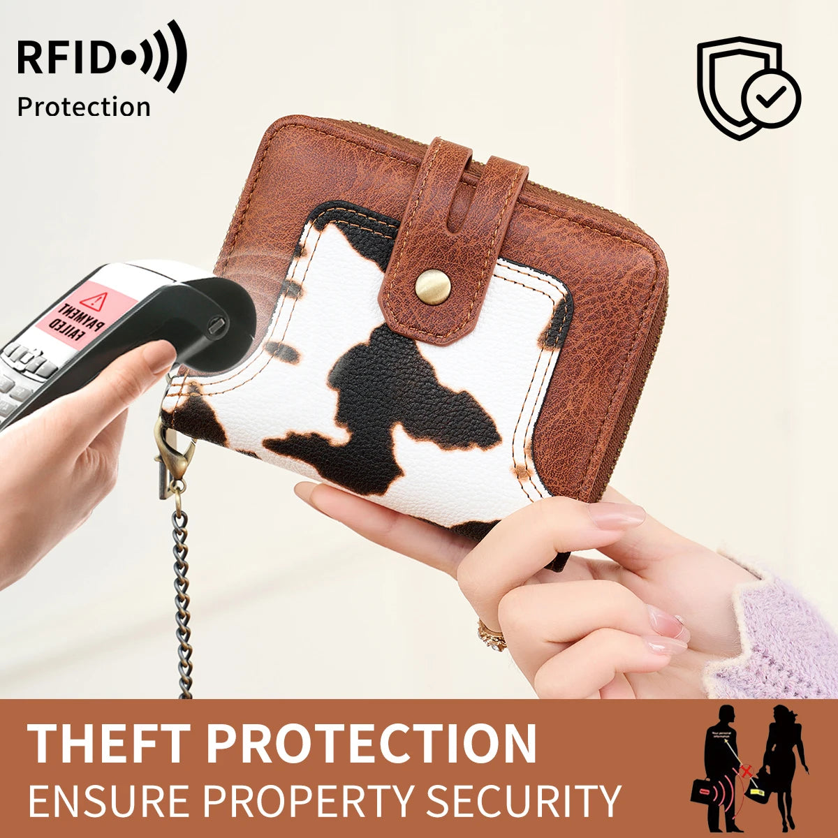 RFID Retro Animal Print Short Wallet for Women – Zipper Coin Purse with Key Chain