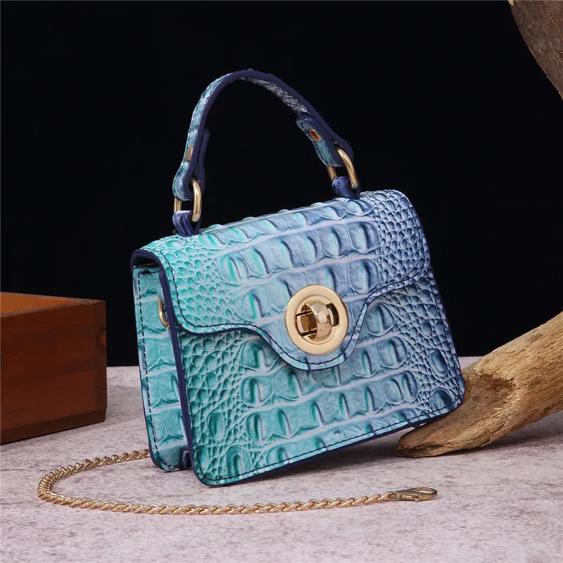 Crocodile Pattern Mini Handbag with Gold Chain Strap