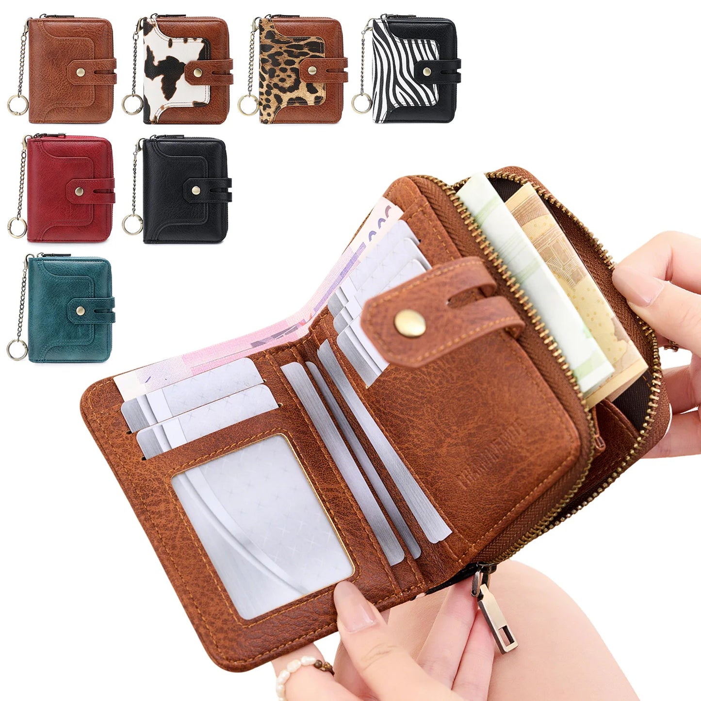 RFID Blocking Short Wallet for Women – Animal Print Coin Purse with Key Ring