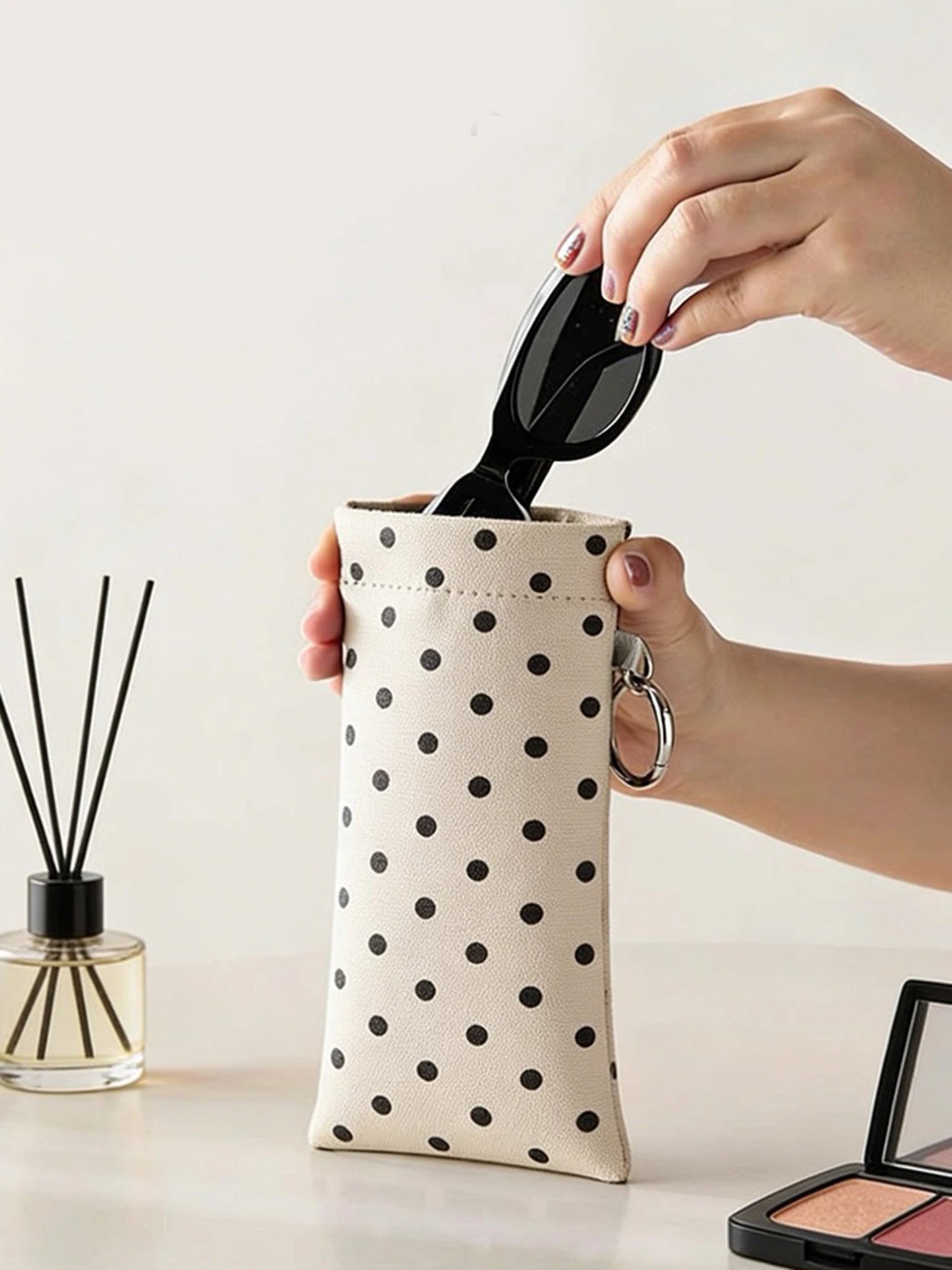 Polka Dot Glasses Pouch with Key Ring – PU Leather Eyewear Case