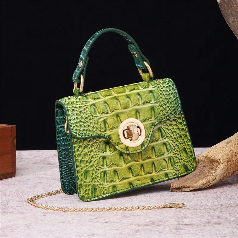 Crocodile Pattern Mini Handbag with Gold Chain Strap