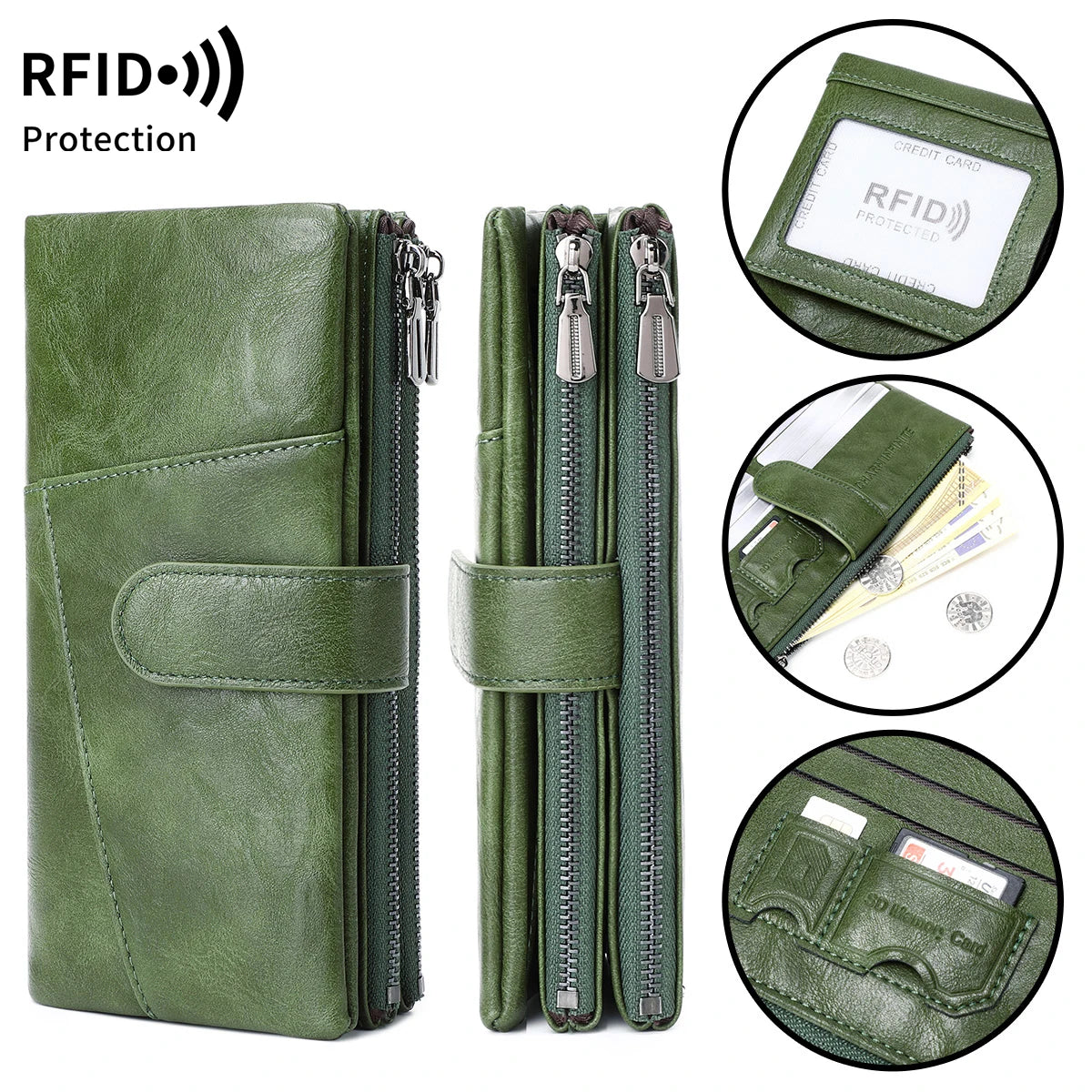 RFID Blocking Women's Long Wallet – Multi-Card Slot Double Zipper Clutch