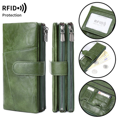 RFID Blocking Women's Long Wallet – Multi-Card Slot Double Zipper Clutch