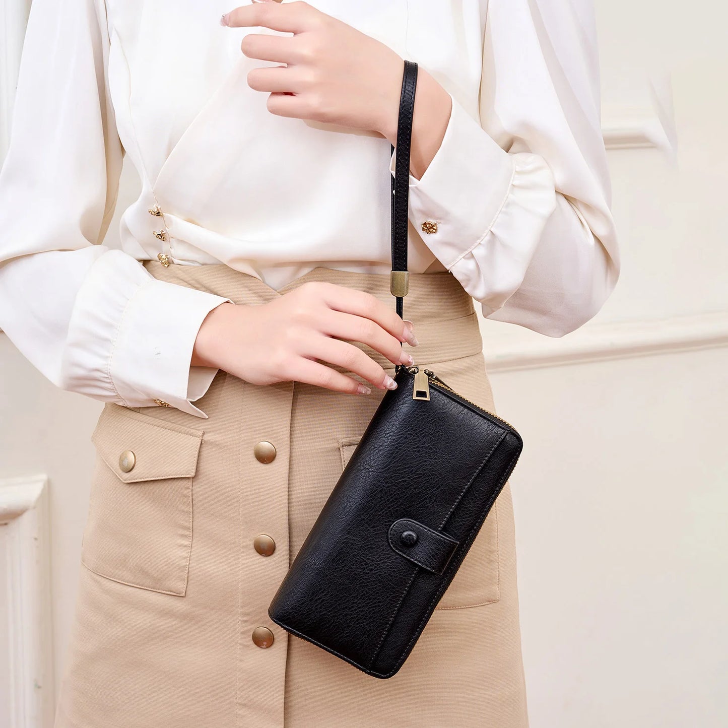 Women's Long Wallet – Double Zipper Accordion Card Holder Clutch with Wrist Strap