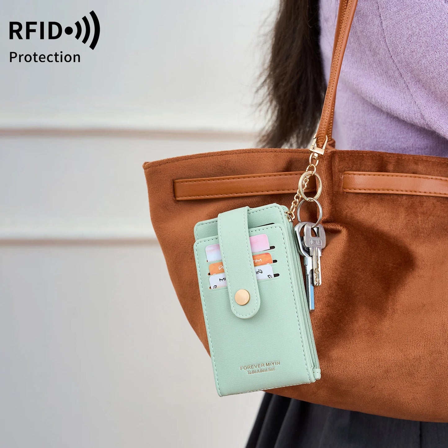 RFID Blocking Women's Mini Wallet with Card Slots & Keychain