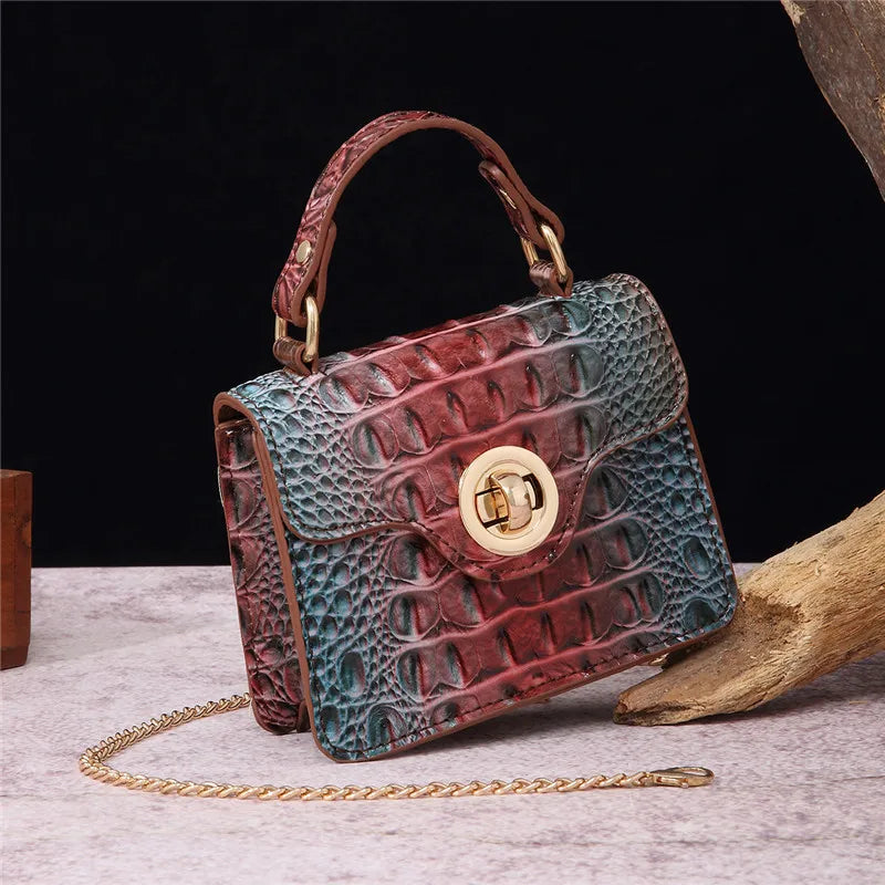 Crocodile Pattern Mini Handbag with Gold Chain Strap