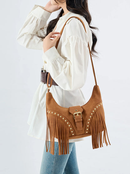 Fringe Shoulder Bag – Women's Studded Boho Crossbody Hobo