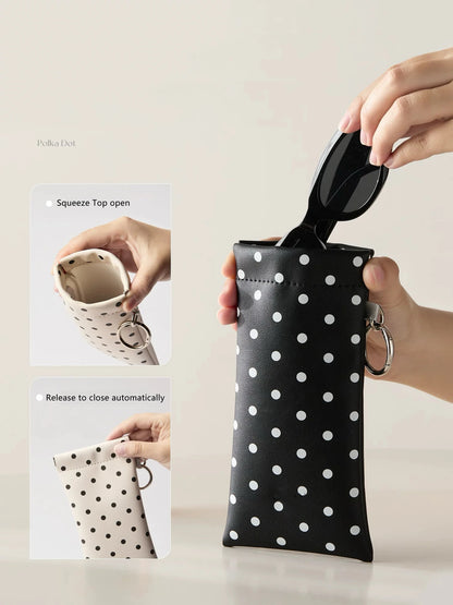 Polka Dot Glasses Pouch with Key Ring – PU Leather Eyewear Case