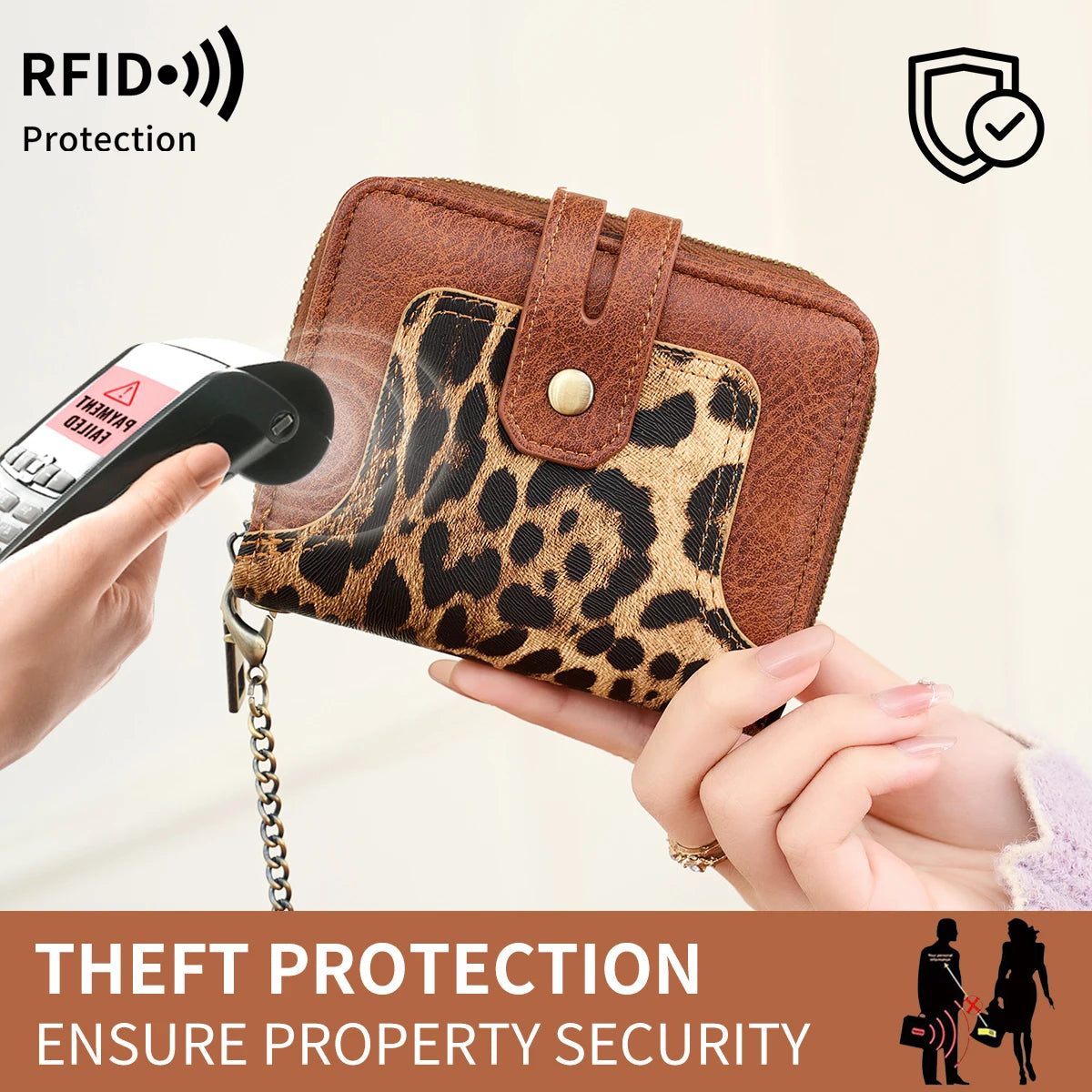 RFID Retro Animal Print Short Wallet for Women – Zipper Coin Purse with Key Chain