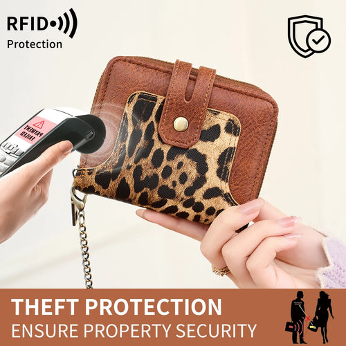 RFID Retro Animal Print Short Wallet for Women – Zipper Coin Purse with Key Chain