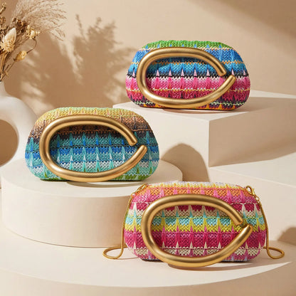 Woven Clutch Bag – Women's Colorful Evening Bag with Gold Metal Buckle