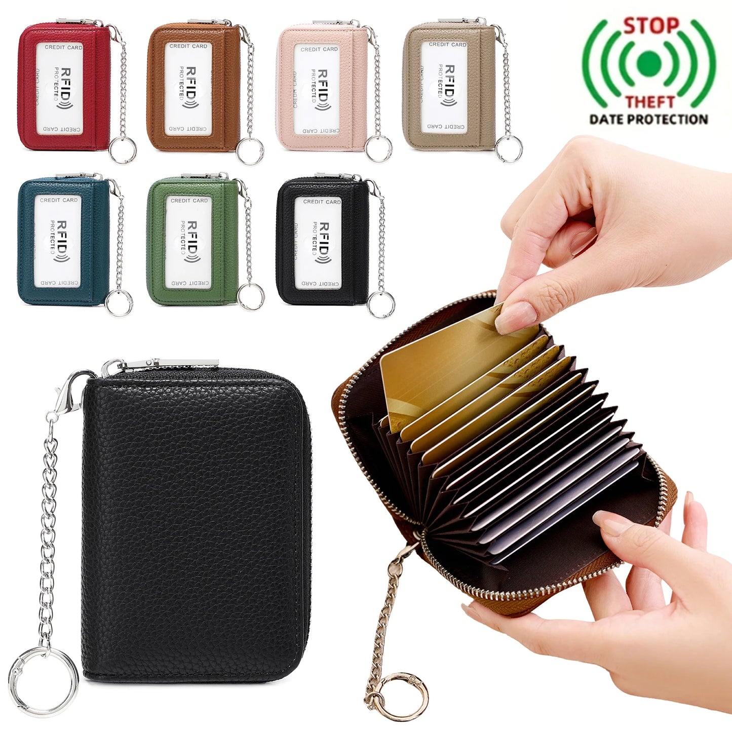 RFID Blocking Women's Accordion Card Holder Wallet with Key Ring