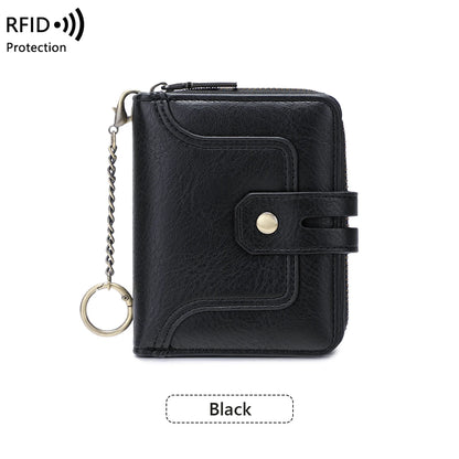 RFID Retro Animal Print Short Wallet for Women – Zipper Coin Purse with Key Chain