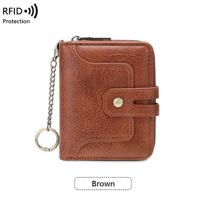 RFID Retro Animal Print Short Wallet for Women – Zipper Coin Purse with Key Chain