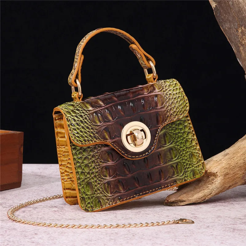 Crocodile Pattern Mini Handbag with Gold Chain Strap