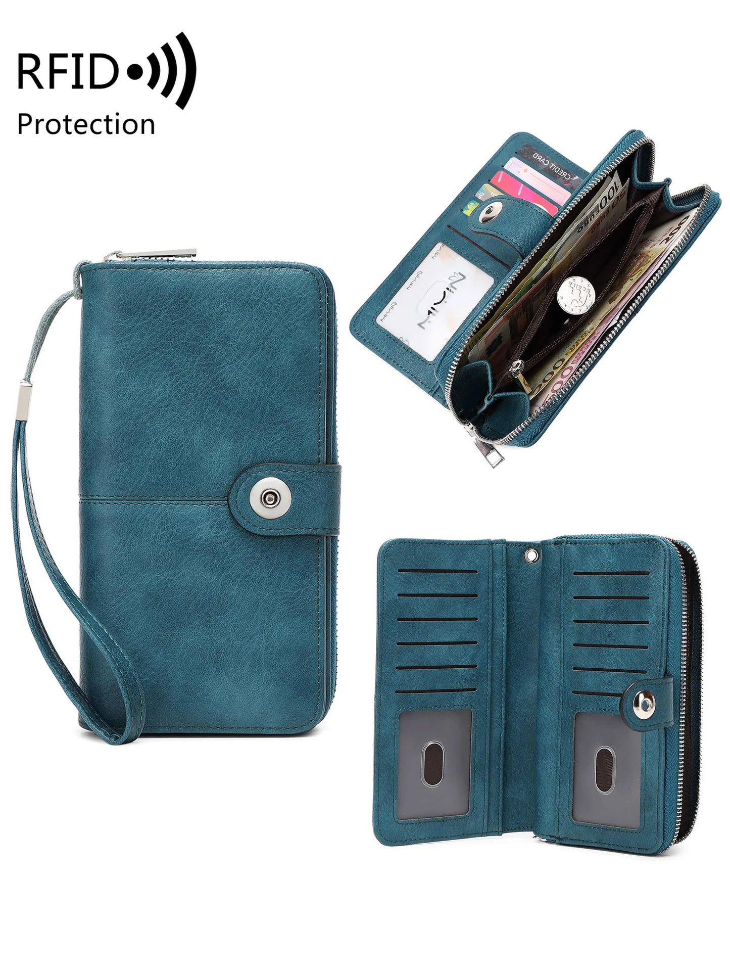 RFID Blocking Women's Long Wallet with Wrist Strap