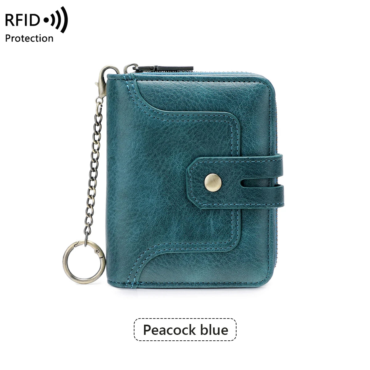 RFID Retro Animal Print Short Wallet for Women – Zipper Coin Purse with Key Chain